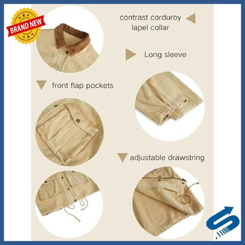 Cropped Button Down Jacket with Corduroy Lapel Pockets Long Sleeve - Picture 6 of 8